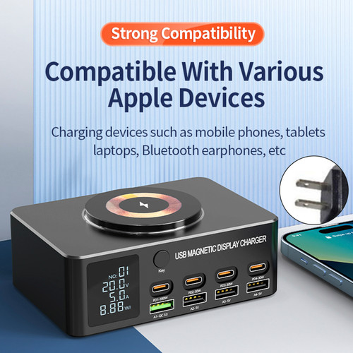 140W Fast Charging Charger Intelligent Digital Display PD100W Mobile Phone Notebook Magnetic Wireless Charging Multi-Port USB Charger US Plug