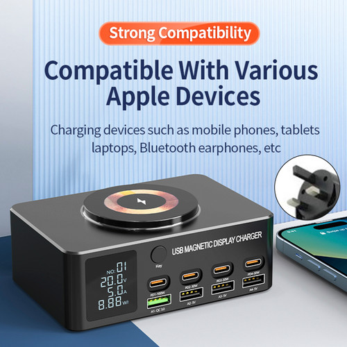 140W Fast Charging Charger Intelligent Digital Display PD100W Mobile Phone Notebook Magnetic Wireless Charging Multi-Port USB Charger UK Plug