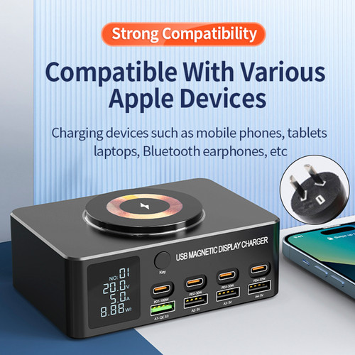 140W Fast Charging Charger Intelligent Digital Display PD100W Mobile Phone Notebook Magnetic Wireless Charging Multi-Port USB Charger AU Plug