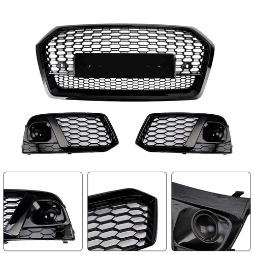 2018-2019 Audi Q5 SQ5 Front Honeycomb Mesh Grill+Fog Lamp Grille Gloss Black Generic