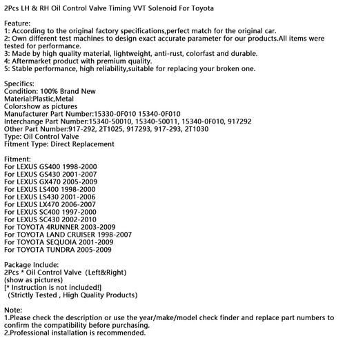 1998-2009 LEXUS GS400 GS430 GX470 2Pcs LH & RH Oil Control Valve Timing VVT Solenoid 15330-0F010 15340-0F010 Generic