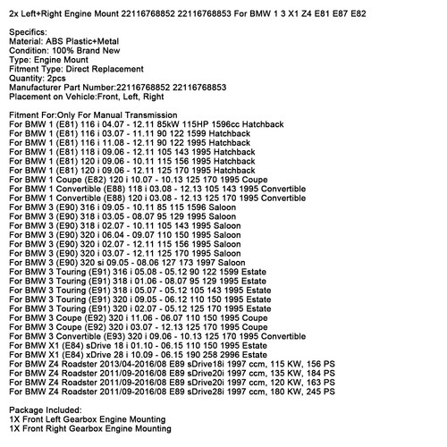 BMW 1 3 E81 E90 E91 E93 2x Left+Right Engine Mount 22116768852 22116768853 Generic