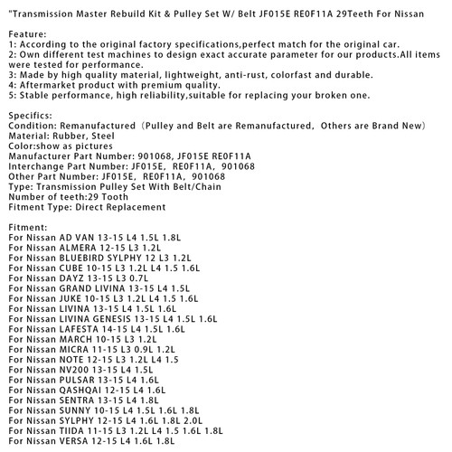 2010-2015 Nissan Transmission Master Rebuild Kit & Pulley Set W/ Belt JF015E RE0F11A Generic