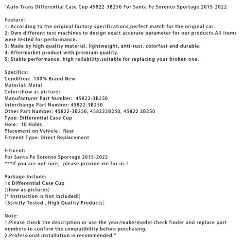 2015-2022 Santa Fe Sorento Sportage Auto Trans Differential Case Cup 45822-3B250 Generic