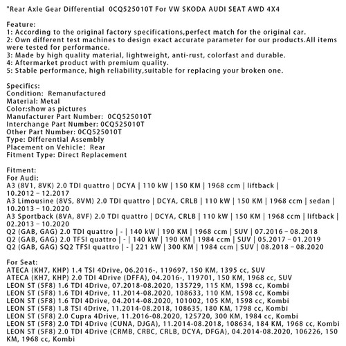 2015-2024 Volkswagen GOLF ALLTRACK VII Rear Axle Gear Differential 0CQ525010T Generic