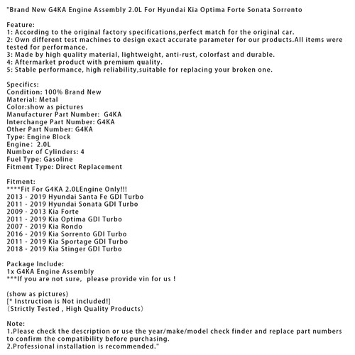 2013-2019 Hyundai Santa Fe GDI Turbo G4KA Engine Assembly 2.0L Generic