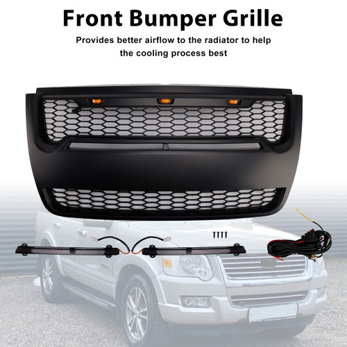Black Front Upper Bumper Grill Grille Fit Ford Explorer 2006-2010 With Light