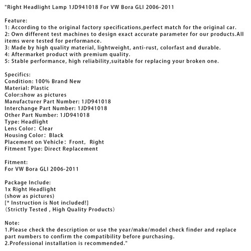 2006-2011 VW Bora GLI Right Headlight Lamp 1JD941018 Black Generic
