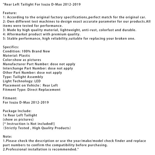 2012-2019 Isuzu D-Max Rear Left Tailight Generic