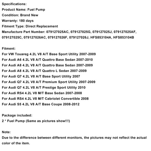 2007-2009 VW Touareg 4.2L Left 2* High Pressure Fuel Pump 079127025AC Generic