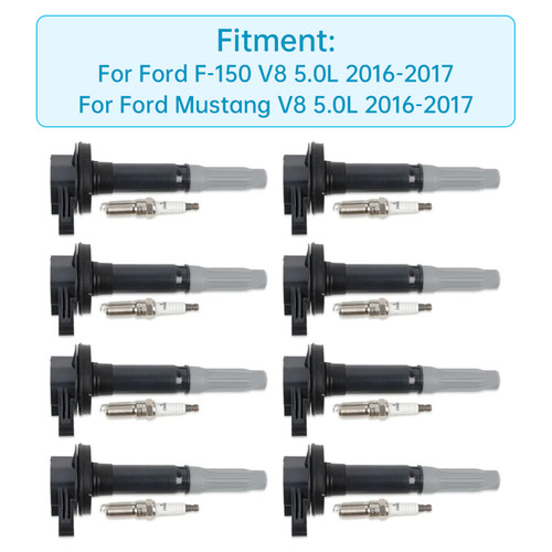 2016-2017 Ford Mustang V8 5.0L 8xIgnition Coil + 8xIridium Spark Plug UF824 Generic