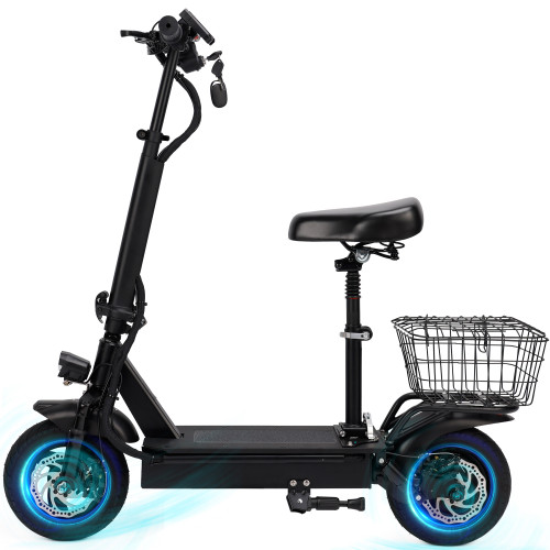 400W Adult Shock Absorption Electric Scooter with Seat 10" Commuter Electric Scooter With Carry Basket - Up to 25 Miles 20MPH