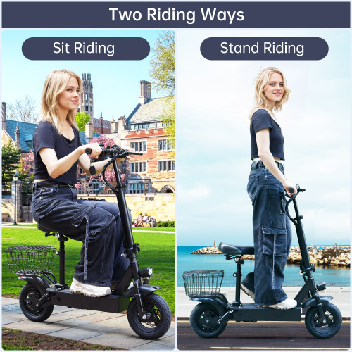 400W Adult Shock Absorption Electric Scooter with Seat 10" Commuter Electric Scooter With Carry Basket - Up to 25 Miles 20MPH