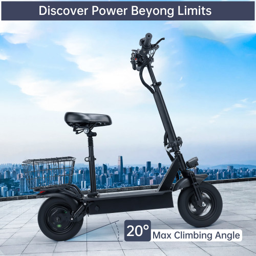 400W Adult Shock Absorption Electric Scooter with Seat 10" Commuter Electric Scooter With Carry Basket - Up to 25 Miles 20MPH