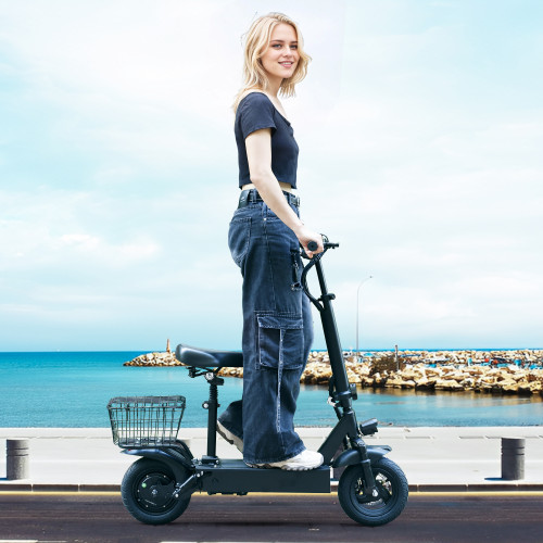 400W Adult Shock Absorption Electric Scooter with Seat 10" Commuter Electric Scooter With Carry Basket - Up to 25 Miles 20MPH