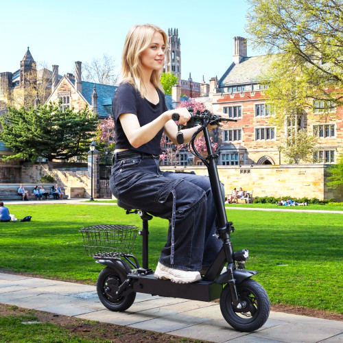 400W Adult Shock Absorption Electric Scooter with Seat 10" Commuter Electric Scooter With Carry Basket - Up to 25 Miles 20MPH