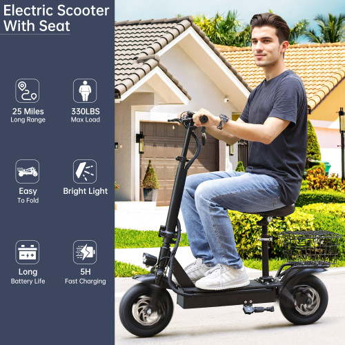 400W Adult Shock Absorption Electric Scooter with Seat 10" Commuter Electric Scooter With Carry Basket - Up to 25 Miles 20MPH