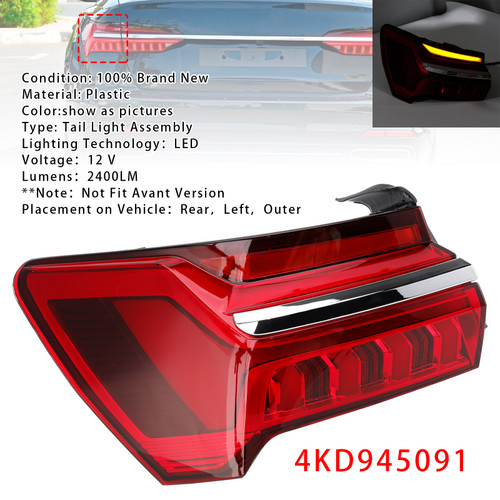 2019-2023 Audi A6 C8 Left LED Outer Tail Light Assembly 4KD945091 Generic