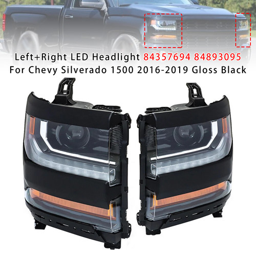 2016-2019 Chevy Silverado 1500 Left+Right LED Headlight 84357694 84893095 Gloss Black Generic