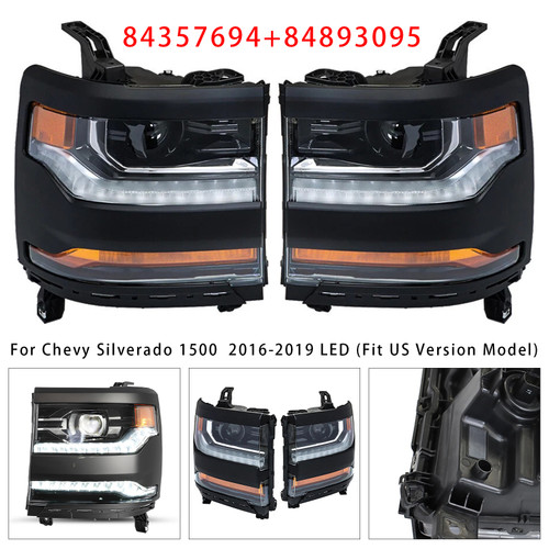 2016-2019 Chevy Silverado 1500 Left+Right LED Headlight 84357694 84893095 Gloss Black Generic