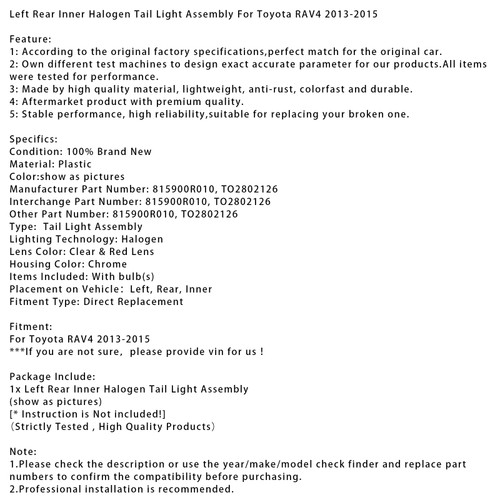 2013-2015 Toyota RAV4 Left Rear Inner Halogen Tail Light Assembly 815900R010 TO2802126 Generic
