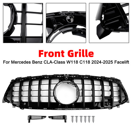 Black Front Bumper Grille Grill Fit Mercedes CLA-Class W118 C118 2024-2025