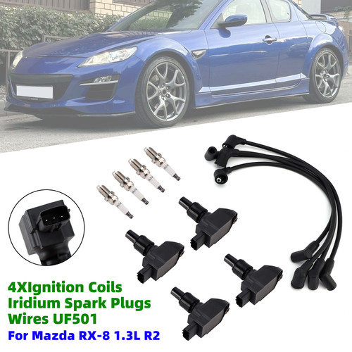 4*Ignition Coils & Iridium Spark Plugs & Wires UF501 For Mazda RX-8 1.3L R2