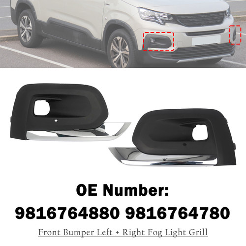 Front Bumper Left + Right Fog Light Grill 9816764780 For Peugeot Rifter 2019-2025
