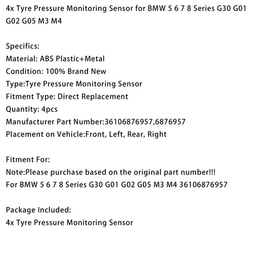 4x Tyre Pressure Monitoring Sensor For BMW 5 6 7 8 Series G30 G01 G02 G05 M3 M4