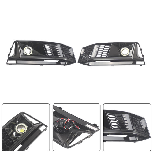 2PCS Black Front Bumper Foglight Grille Grill Fit Audi A4 S4 B9 2016-2019