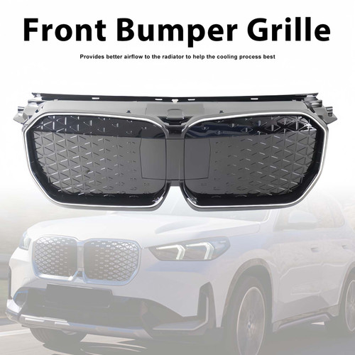 Black Chrome Front Bumper Grill Grille Fit BMW iX1 U11 2023-2025 W/LED Light