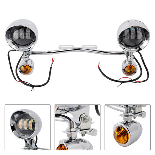 Motorcycle Beam Fog Lamp Custom Chrome W/ Bracket Led For Racer Bobber Chopper