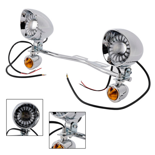 Motorcycle Beam Fog Lamp Custom Chrome W/ Bracket Fits For Racer Bobber Chopper
