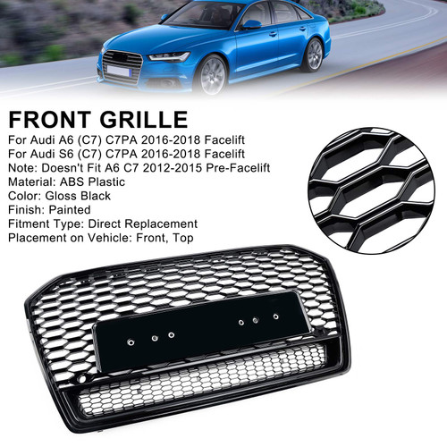 RS6 Style Honeycomb Mesh Front Grill Grille Fit Audi A6 S6 C7 2016-2018 Black