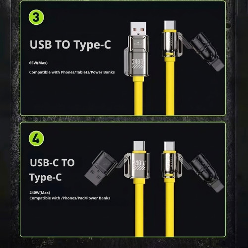 240W Fast Charging Atomic 4-in-1 Data Cable 2-in-2 Dual Type-C Cord For iPhone 5-17 And Samsung Android Phones Daily Use