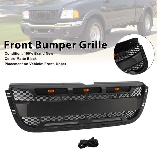 Matt Black Front Bumper Grill Grille Fit Ford Ranger 2001-2003 With LED Light