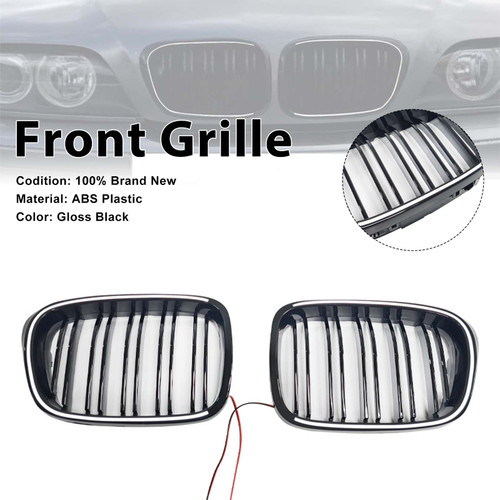Gloss Black Front Kidney Grill Grille Fit BMW 5 Series E39 1998-2003 W/LED