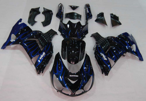 2006-2010 Kawasaki ZX14R Amotopart Fairings Black & Blue Flame Ninja Racing