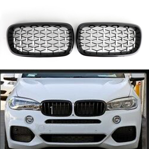 2PCS Meteor Chrome/Black Front Kidney Grille Grill Fit 2014 - 2016 BMW X5 F15