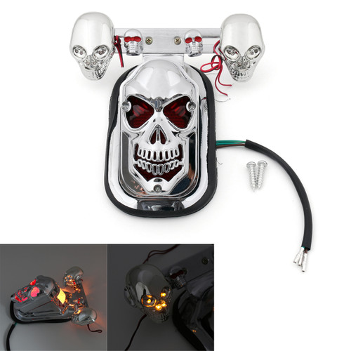 Skull Tail Light Rear Indicators Turn Signals License Tag Bracket Set Harley Davidson, Chrome, Amber LED Indicators