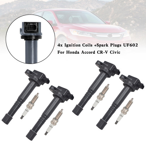 Ignition Coils + Spark Plugs Set UF602 for Honda Accord CR-V Civic (4-Pack)