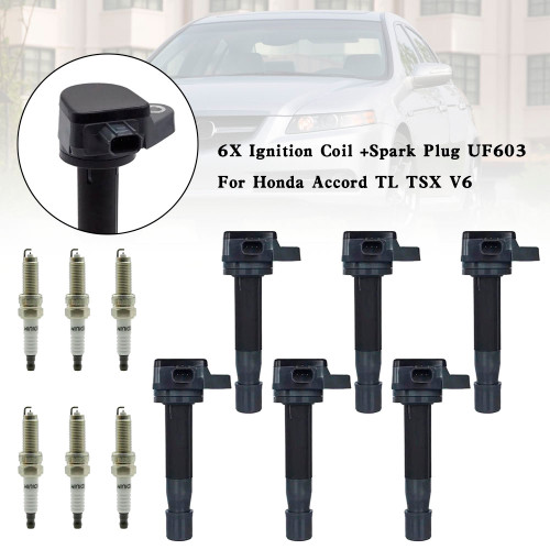 Ignition Coil + Spark Plug Set UF603 for Honda Accord TL TSX V6 (6-Pack)