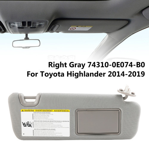 2014-2019 Toyota Highlander Right Sun Visor W/Vanity Light Gray 74310-0E074-B0 Gray Generic