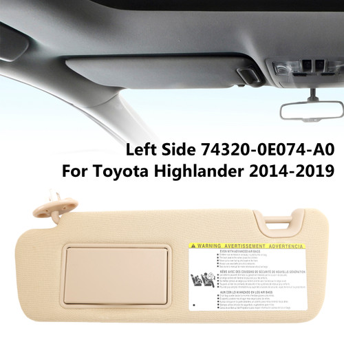 2014-2019 Toyota Highlander Left Side Sun Visor W/Vanity Light 74320-0E074-A0 Beige Generic