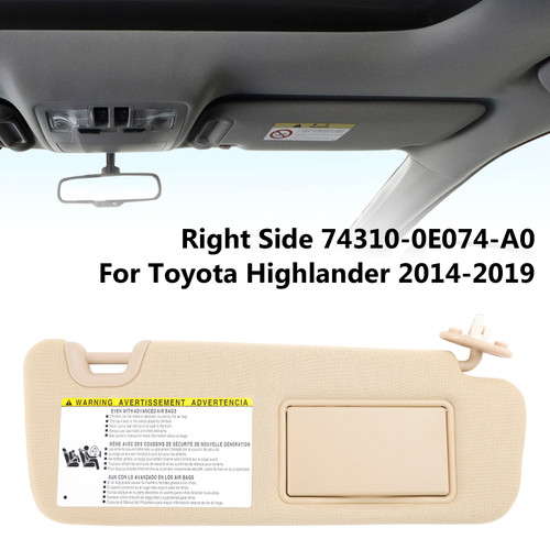 2014-2019 Toyota Highlander right Side Sun Visor W/Vanity Light 74320-0E074-A0 Beige Generic