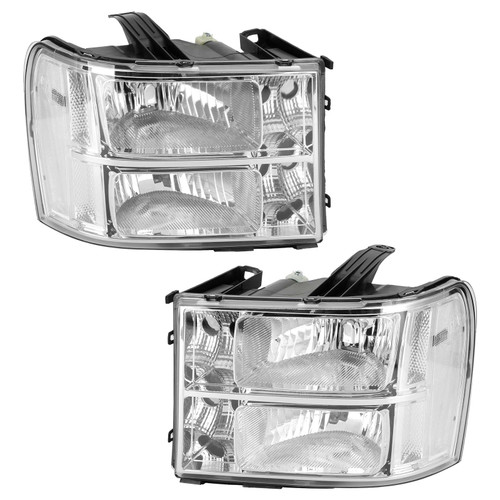 Chrome Clear Headlights Assembly For GMC Sierra 1500 2500HD 3500HD 2007-2014 B