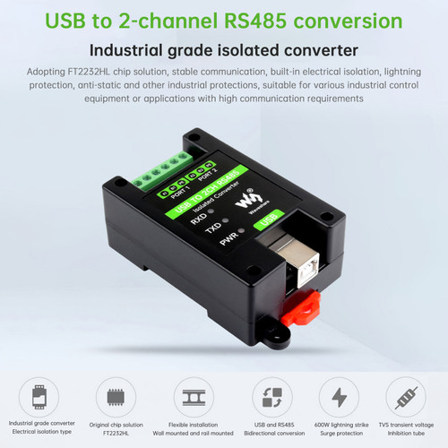 Industrial Grade Isolated USB to 2-Way RS485 Serial Port Converter FT2232HL Chip
