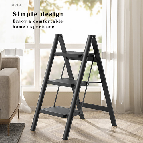 Stepladder, 3 Tiers,  Foldable, Aluminum, Wide, Lightweight, Compact, Ladder, Load Capacity 330.7 lbs (150 kg), Includes Tray, Car Wash, Indoor, Moving, Large Cleaning Black