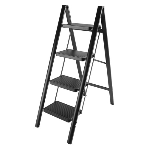 Stepladder, 4 Tiers,  Foldable, Aluminum, Wide, Lightweight, Compact, Ladder, Load Capacity 330.7 lbs (150 kg), Includes Tray, Car Wash, Indoor, Moving, Large Cleaning Black
