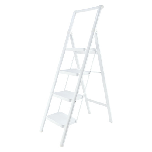 4 Step Ladder, Foldable Step Stools for Adults with Wide Anti-Slip Pedal, 330.7 lbs (150 kg)，Lightweight Sturdy Steel Ladder,Convenient Handgrip,Portable Folding Ladder for Home Kitchen Office,With handrail，White